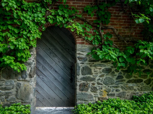 Wooden door on brick and stone building Royalty Free Stock Photos