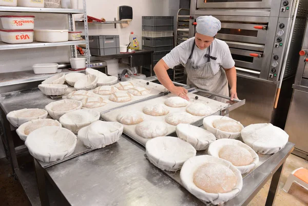 Panettieri che fanno pani fatti a mano in una panetteria di famiglia modellando l'impasto in forme tradizionali a Sofia, Bulgaria il 29 settembre 2016 — Foto Stock