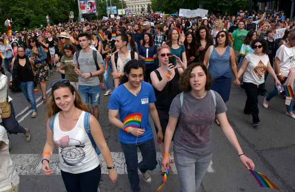 Sofía, Bulgaria - 10 de junio de 2017: Las personas que celebran en el décimo acto del Orgullo Gay de Sofía se reúnen en un festival bisexualbucelebrationcolorfulcrowddemocracydemonstrationdiversityeventalfestival eflagfreefreedomfriendshipgariagayhomohomosexualhomosexualhomosexualityhumanhuman r — Foto de Stock