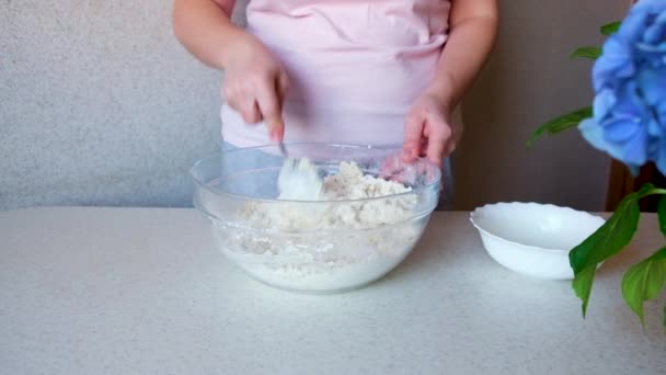 Girl Knead Dough Iron Spoon Homemade Cookies Close Woman Kneading — Stock Video