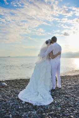 Deniz kenarında düğün. Hoş bir çift yeni evli. Gelin ve damat gün doğumuna bakıyor. Arkadan bak. Evlilik kavramı, yeni evli.