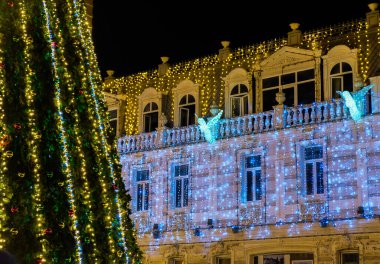 Aydınlanmış noel ağaçları ve sokaklar. Batumi, Georgia 'da yeni yıl. Yeni yıl süslemeleri olan bir şehir. Parlak Noel ışıklarıyla süslenmiş neon ışıklar ve tatil şehri