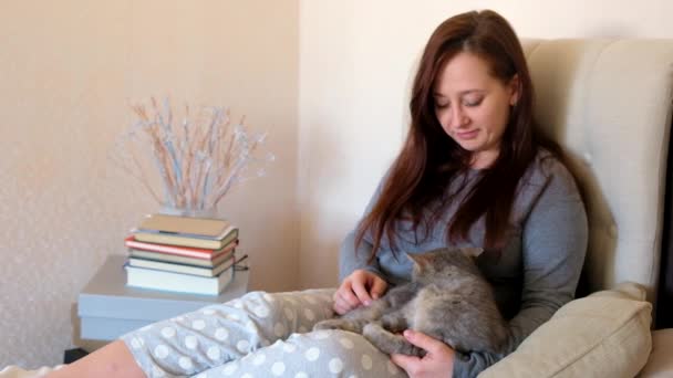 Γυναίκα Χαϊδεύει Και Αγκαλιάζει Την Γκρίζα Γάτα Στο Κρεβάτι Γατάκι — Αρχείο Βίντεο