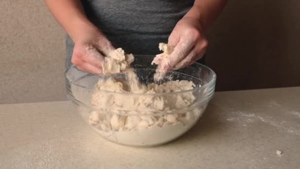 Womans Hands Mix Butter Flour Glass Bowl Homemade Cooking Baking — Stock Video