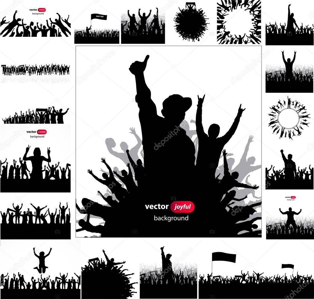 Posters and silhouettes with cheering people