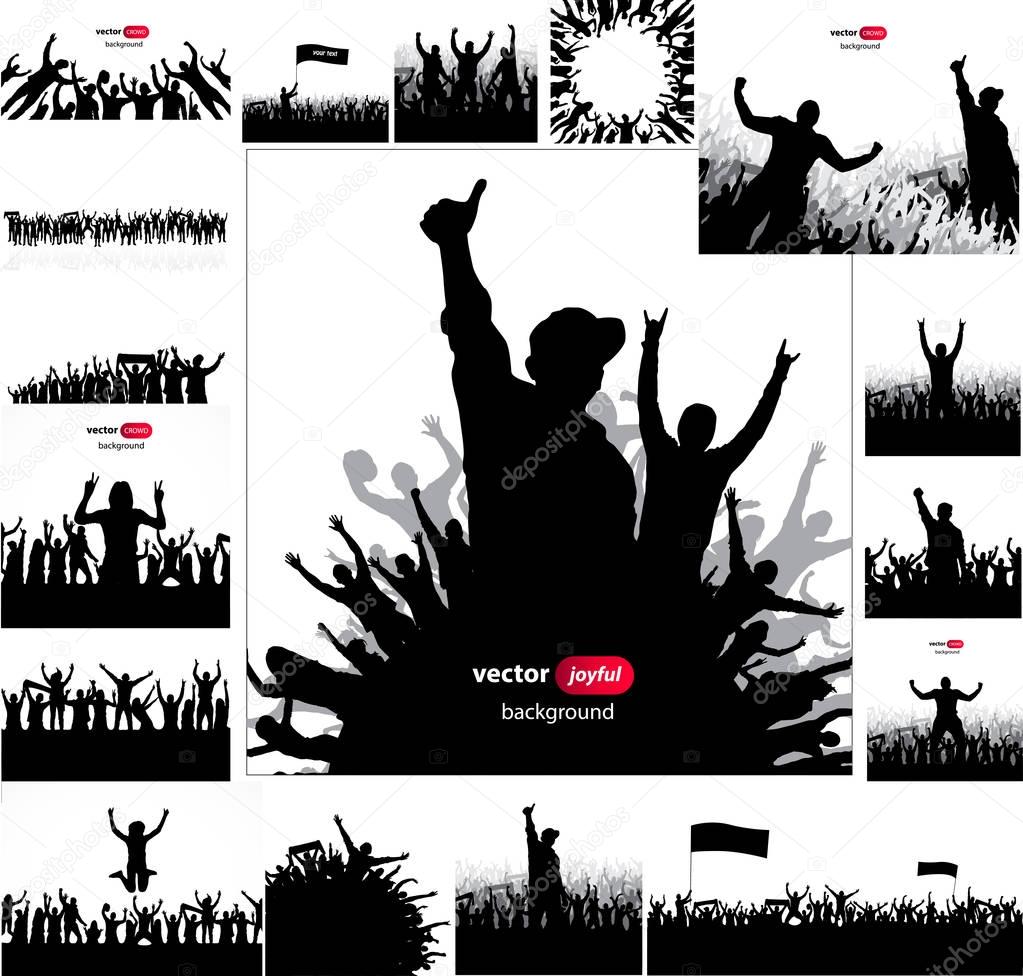 Posters and silhouettes with cheering people