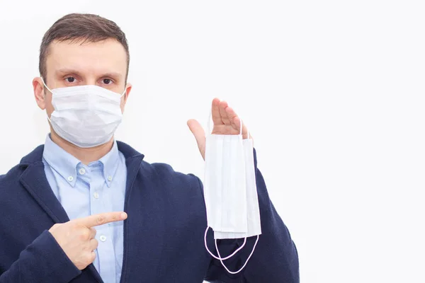 Portrait Man White Isolated Background Face Covered Medical Mask Banner — Stock Photo, Image