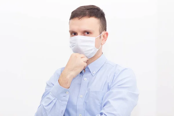 Portrait Man White Isolated Background Face Covered Medical Mask Banner — Stock Photo, Image