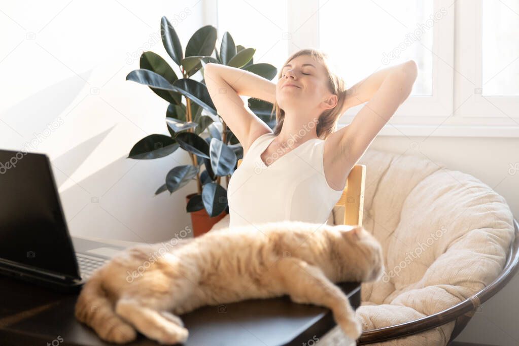 The cat is lying on the table at the workplace with it equipment at home. A woman in home clothes works on a computer in front of a monitor in a home atmosphere. Flexible working hours and remote work. Isolation in quarantine