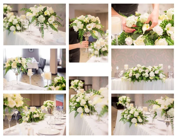 A collage of pictures of wedding decor in the interior. White flowers on the table. Table setting with crystal glasses — Stock Photo, Image