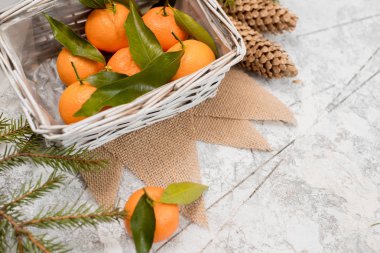 Yılbaşı yeni yıl kompozisyon mandalina çam kozalakları dokulu beyaz zemin üzerinde bir sepet içinde.