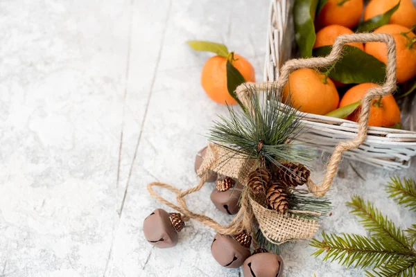 Mandarinen im Korb mit Geschenk und Weihnachtsbaumzweig — Stockfoto