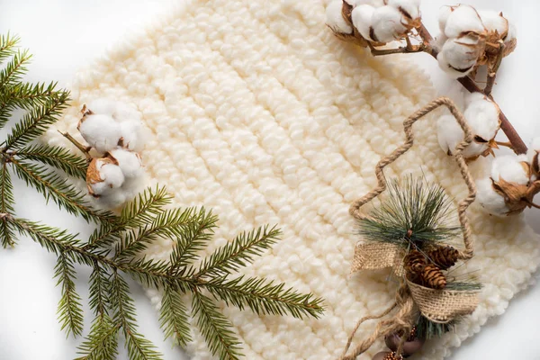 Christmas decorations, knitted scarfs and cotton — Stock Photo, Image