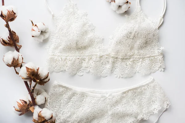Conjunto de lingerie, bege com fitas brancas pretas. No fundo branco no fundo branco decorado com flores de algodão — Fotografia de Stock