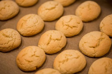 Bir raf üzerinde soğutma sıcak, altın kahverengi, Fıstık soslu kurabiyeleri. Çerezler fırında çörek alır