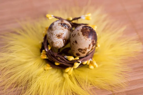 木製の背景の色に巣のイースターエッグ。イースターの花、巣、羽、卵のある静物. — ストック写真