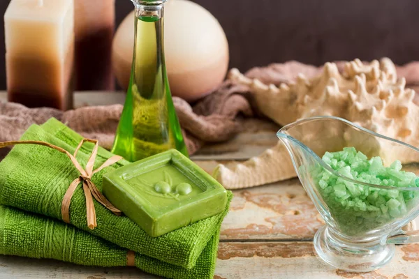 Vintage green spa still life with handmade soap