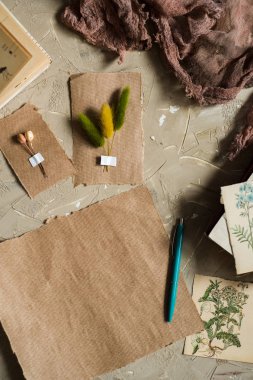 Kraft kağıt üzerinde somut bir backgroundpostcard sulak, kurutulmuş lavanta çiçekleri, defter, kitap notları için kalem ve bahar yaz resimleri yatıyordu, en iyi görünüm paylamak