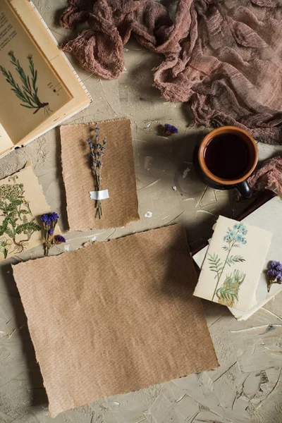 Flay lay, vista superior del herbario, flores secas de lavanda, cuaderno, libro de notas, lápiz y fotos de primavera de verano sobre un fondo de hormigón. Postal sobre papel — Foto de Stock