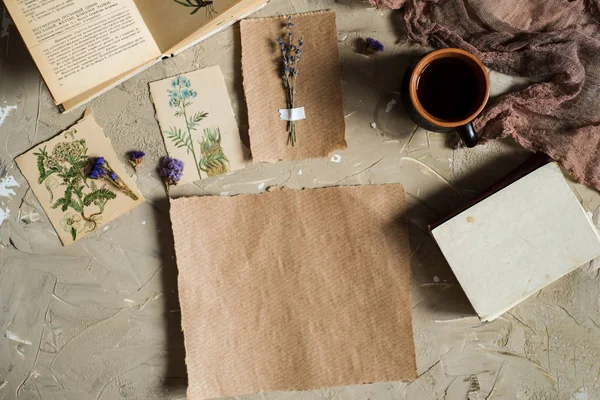 Flay lay, vista superior del herbario, flores secas de lavanda, cuaderno, libro de notas, lápiz y fotos de primavera de verano sobre un fondo de hormigón. Postal sobre papel — Foto de Stock