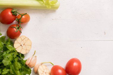 sebze malzemeler. kereviz maydanoz ve garlic.preparing, sağlıklı yemek. Alan üst görünüm Kopyala