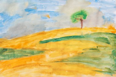 Tuval üzerine suluboya. Sarı alan, yeşil çim ve mavi gökyüzü