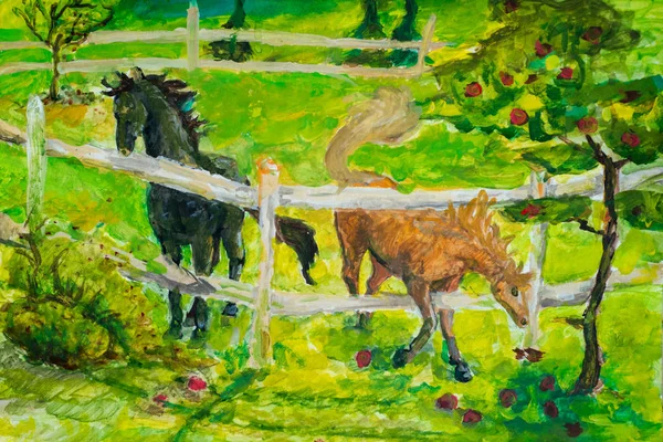 Lovak legelészik naplemente, ló summerlandscape mezőben. Art festészet. A fotó a rajz stílusban festett. — Stock Fotó