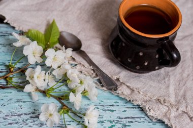 Bahar çiçeği şube, bahar çiçekleri ile mavi arka plan üzerinde çay bardağı