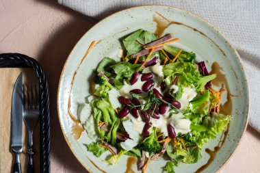 Sebze ve fındıkla karışık yeşil salata. Fasulyeli vejetaryen salatası. Doğal beslenme. Taze sebzeler. Sağlıklı yeme kavramı