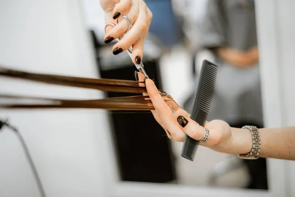 Womens haircut on long hair. Hair care for a brunette girl at the hairdresser. Female beauty shop. — Stock Photo, Image