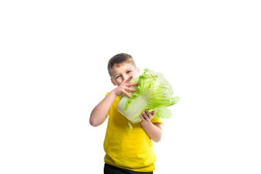 Lahanalı gülümseyen çocuk beyazın üstüne izole edilmiş. Taze meyve ve vitaminler. Sağlıklı beslenme. Evde ve okulda çocuklar için sağlıklı bir kahvaltı. Boşluğu kopyala.