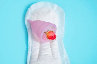 Mavi arka plan üzerine kurulmuş kadınsı mahrem hijyen. Hijyenik ped, pamuklu çubuk veya bardak. Modern bir kadının seçimi. Kırmızı gül. Kadınlarda adet döngüsü kavramı