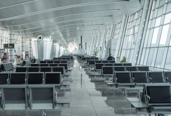 Empty airport interior.flights canceled. Large air conditioning interior.