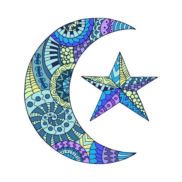 Nouvelle lune dessinée à la main et étoile pour page de coloration anti stress. Pat ! — Image vectorielle