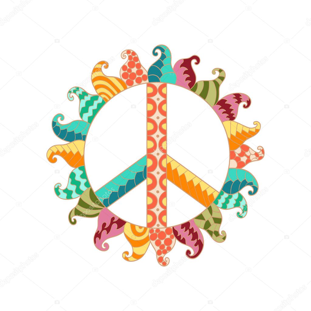 Hippie vintage peace symbol in zentangle style. 