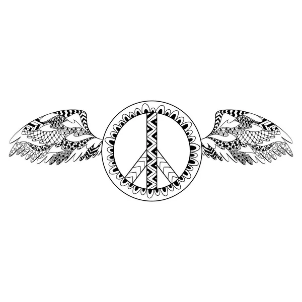 Hippie vintage symbole de paix dans un style ornemental avec des ailes . — Image vectorielle
