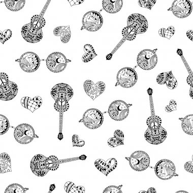 Siyah ve beyaz hippi güneş gözlüğü, akustik gitar ve kalpleri ile Seamless Modeli