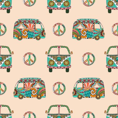 Renkli hippi camper otobüs ve sembol rahat zentangle tarzı ile Seamless Modeli.