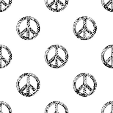 Siyah ve beyaz hippi barış sembolü zentangle tarzı ile Seamless Modeli.