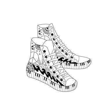 Hippi yüksekliği spor ayakkabı zentangle tarzı. Boyama kitabı sayfası için yetişkin anti stres.