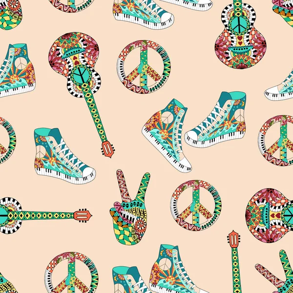 Seamless pattern with colorful hippie peace symbol, acoustic guitars and hight snakers in zentangle style. — Stock Vector