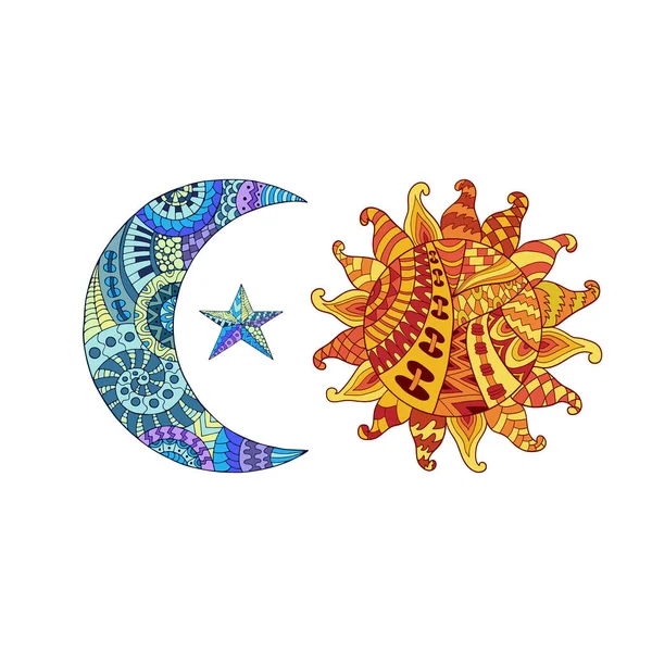 Hand getekende zon, nieuwe maan en ster voor anti stress kleuring pagina. — Stockvector