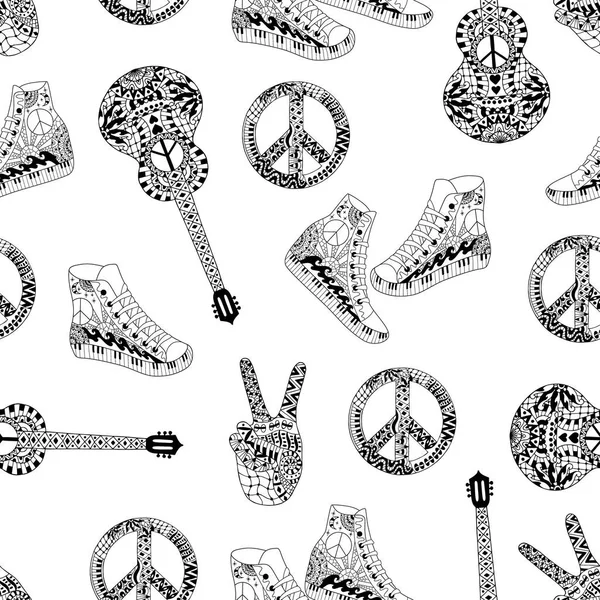 Patrón sin costuras con símbolo de paz hippie blanco y negro, guitarras acústicas y serpientes de altura — Vector de stock