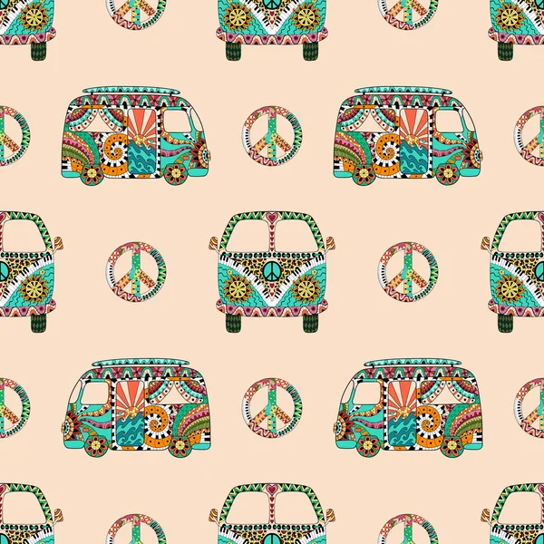 Wzór z hipis kolorowy camper bus i symbol peacel w stylu zentangle. — Wektor stockowy