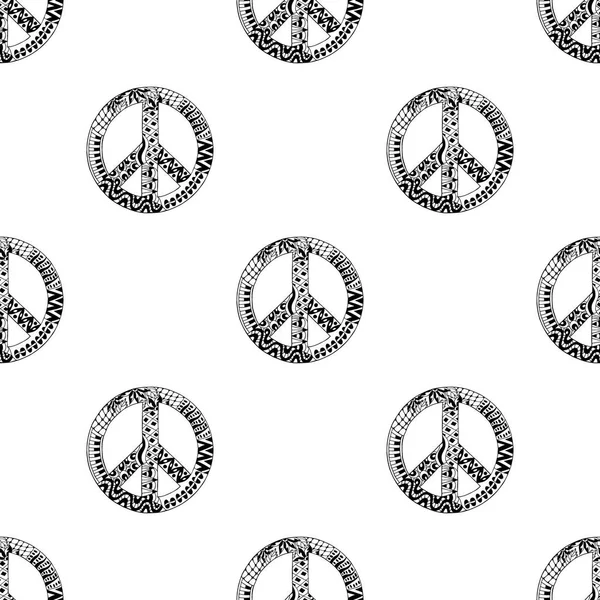 Seamless pattern with black and white hippie peace symbol in zentangle style. — Stock Vector