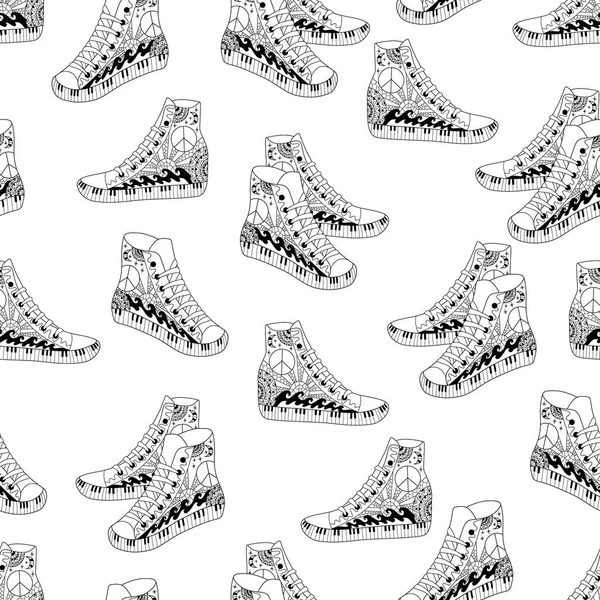 Zentangle 스타일에서 흑인과 백인 히피 hight 운동 화와 함께 완벽 한 패턴 — 스톡 벡터