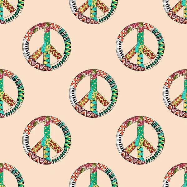 Zentangle スタイルのカラフルなヒッピーの平和のシンボルとのシームレスなパターン. — ストックベクタ
