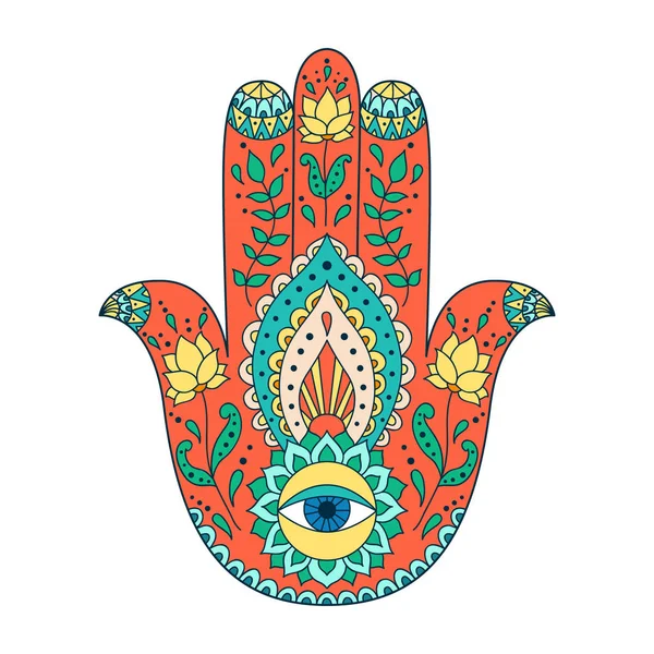 Indian hand drawn hamsa. Hamsa henna tattoo with ethnic ornament. — Stock Vector