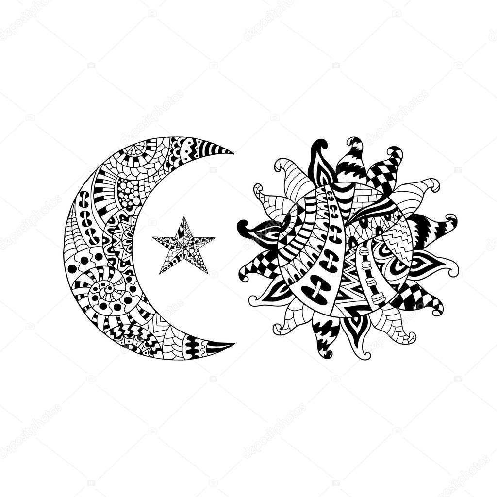 Hand drawn sun, new moon and star for anti stress colouring page. Pattern for coloring book.  Illustration in zentangle style. Monochrome variant. Ethnic background.