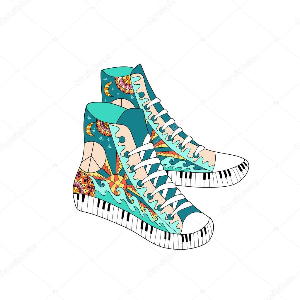 Colorful hippie hight sneakers in zentangle style. Coloring book page for adult anti stress. Hippy ornamental gum shoes isolated on white background. Hippie pattern. Boho fashion.